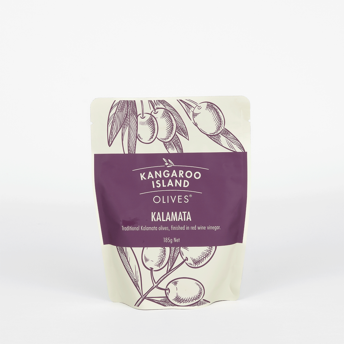 Pack of Kangaroo Island kalamata olives on white background