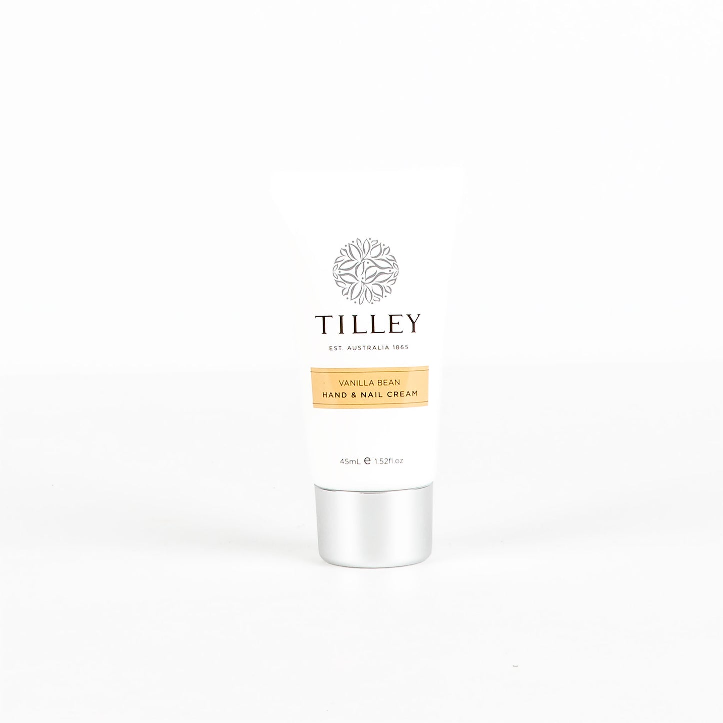 Tilley Vanilla Bean hand and nail cream on a white background