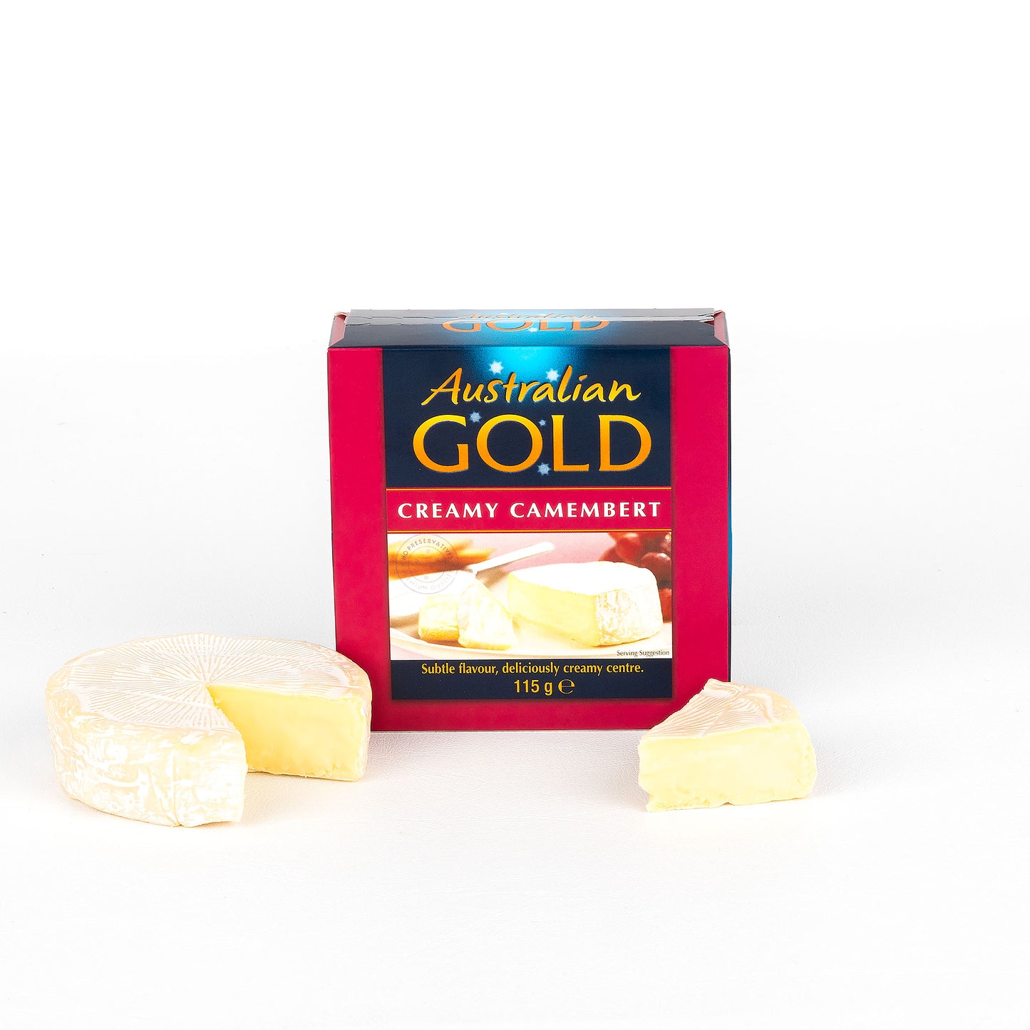 Australian Gold creamy camembert cheese packaging with cut cheese in front on a white background