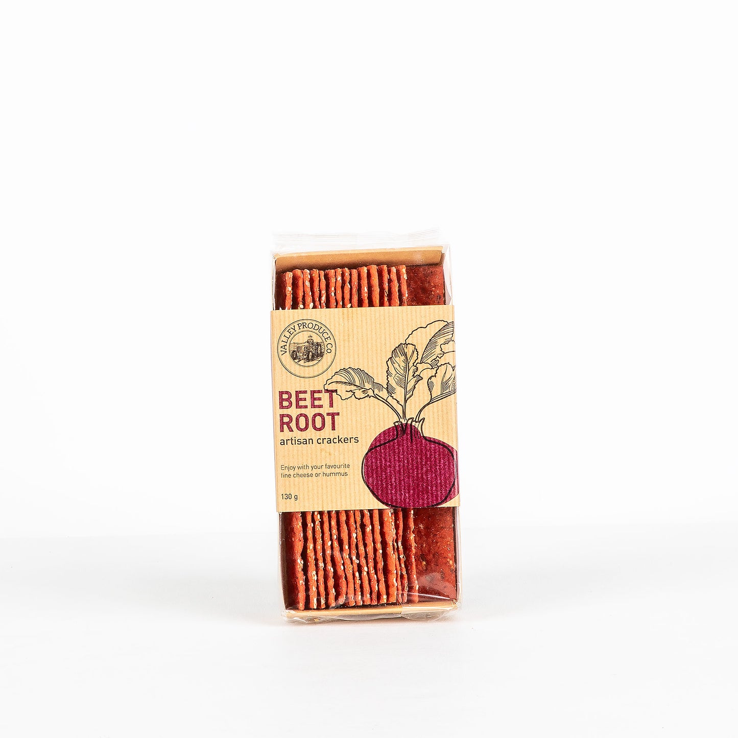 Box of beet root artisan crackers on a white background