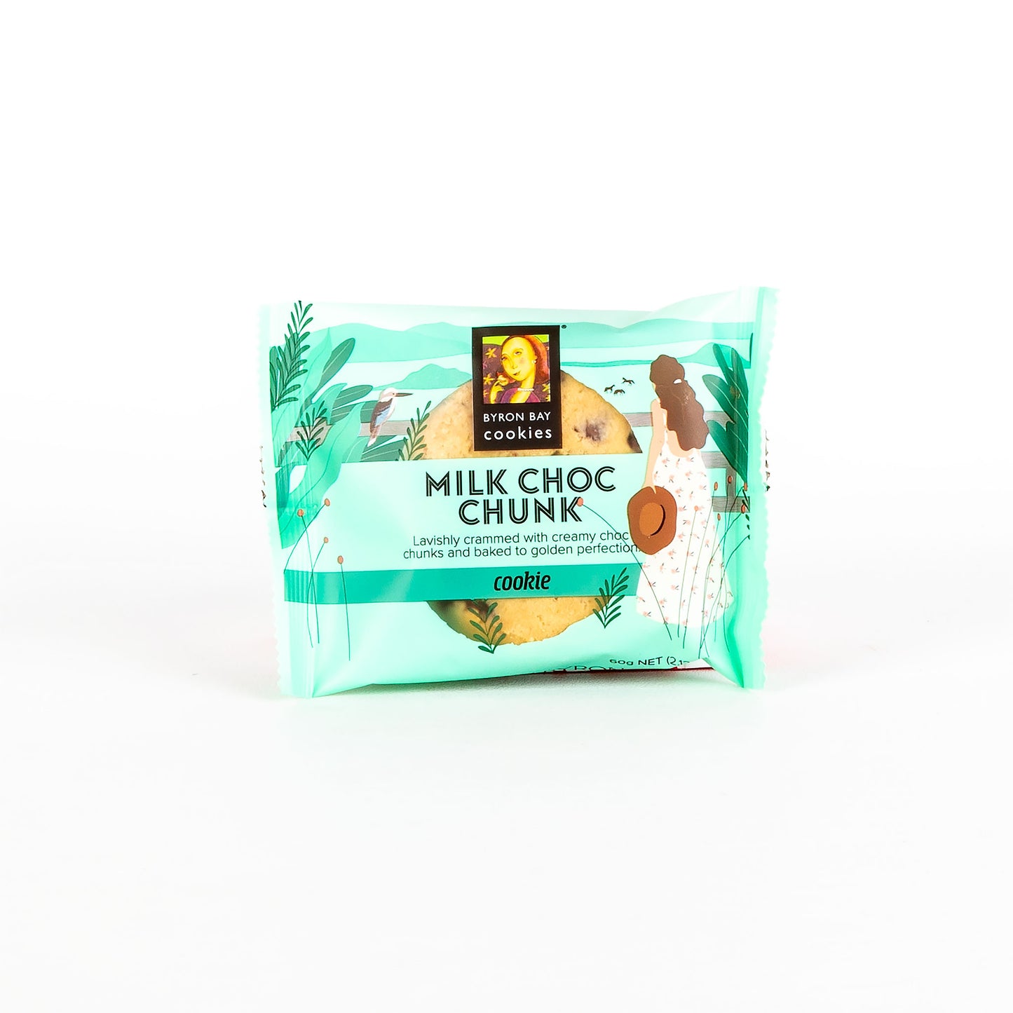 Packaged milk choc chunk cookie with a visible brand logo on a white background