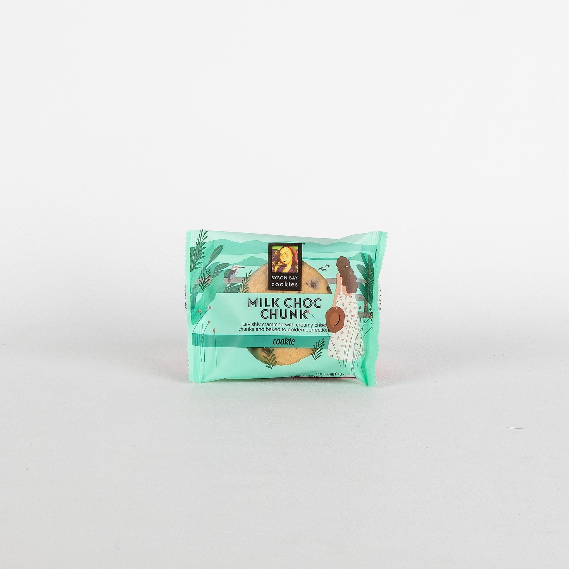 Packaged cookie with 'Milchoc Chunk' text on a light gray background