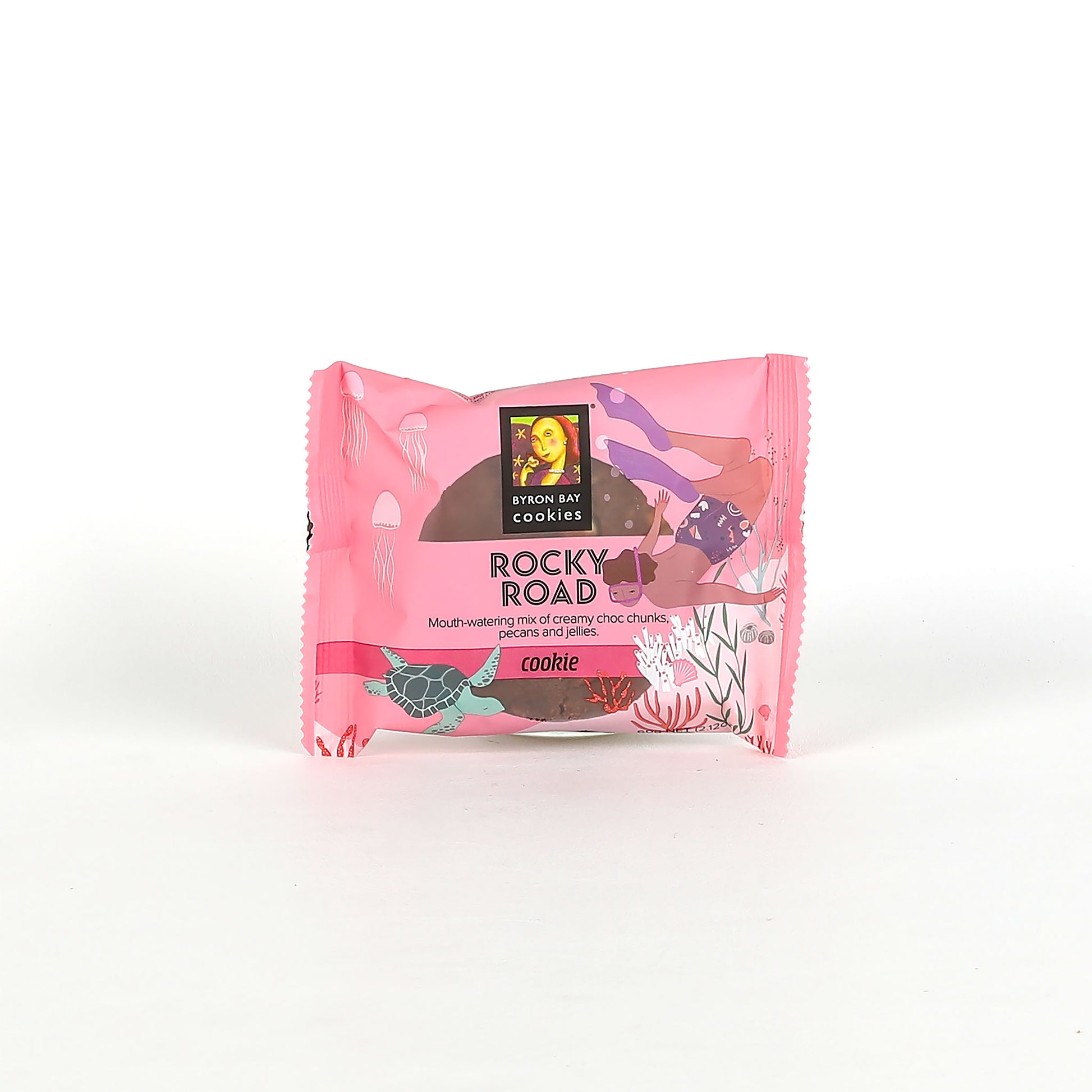 Pink packaging of Rocky Road cookies on a white background