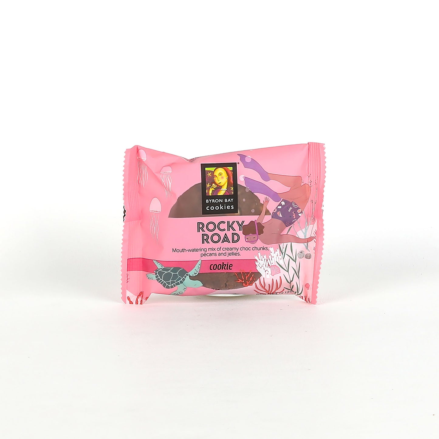 Pink packaging of Rocky Road cookies on a white background
