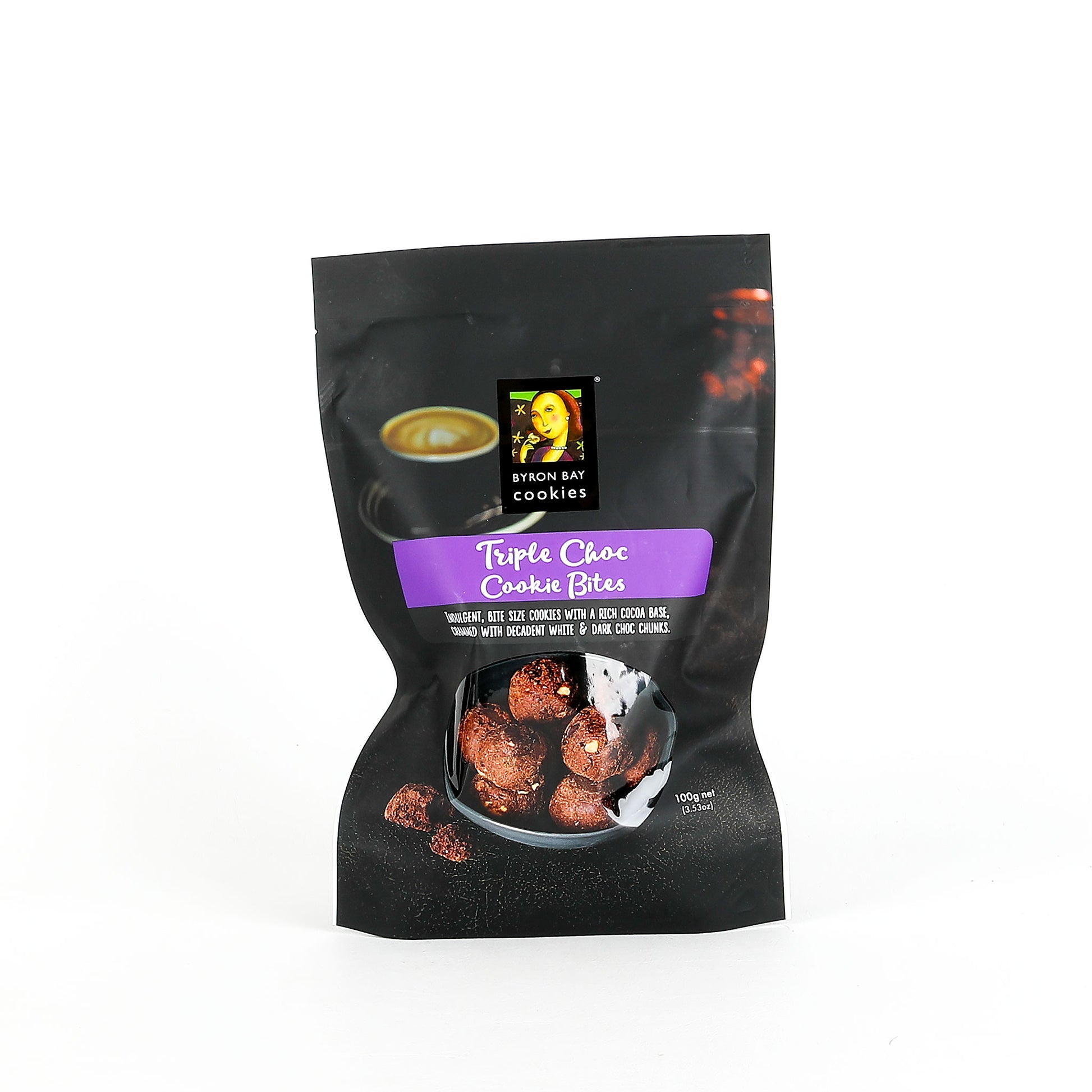 Packaged triple choc cookie bites on a white background