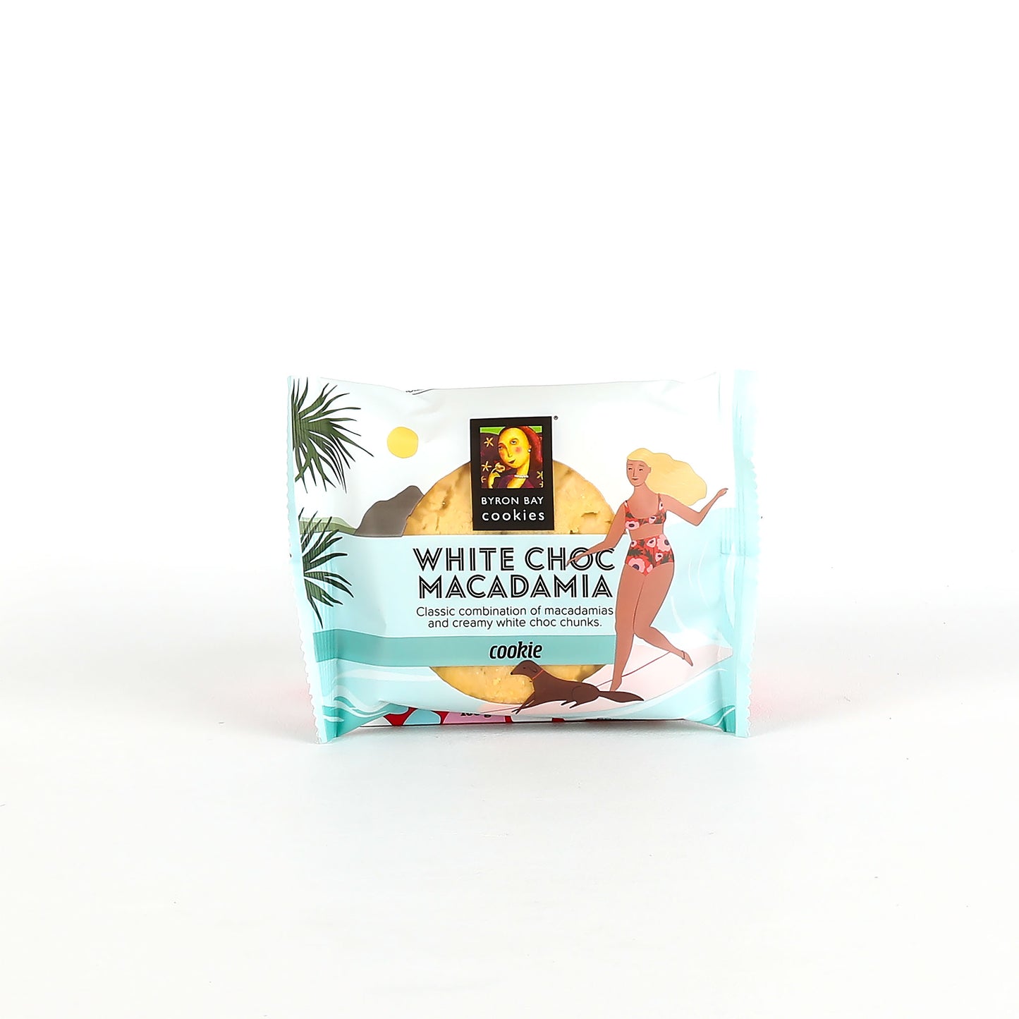 Pack of white chocolate macadamia cookies on a white background