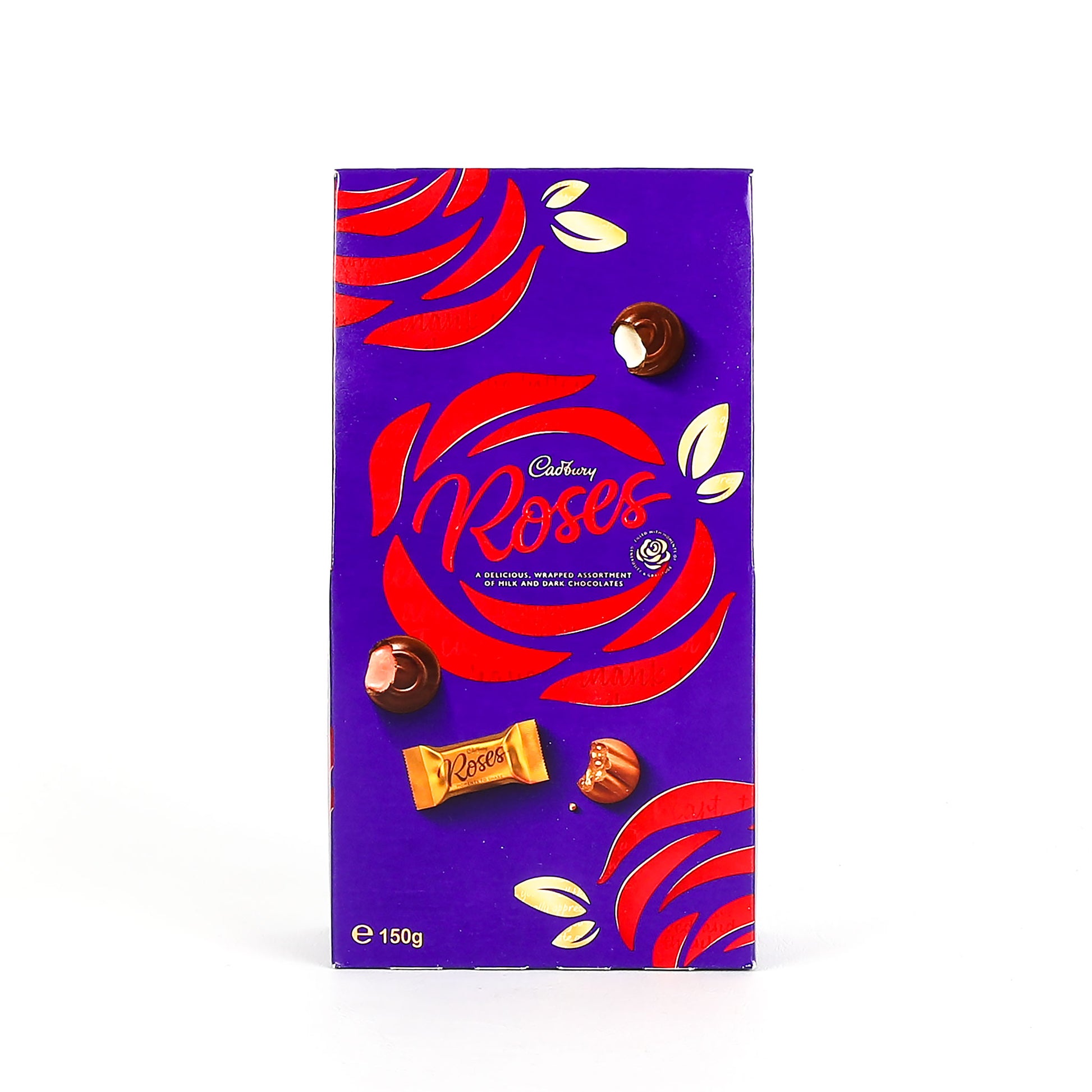 Box of Cadbury Roses chocolate on white background