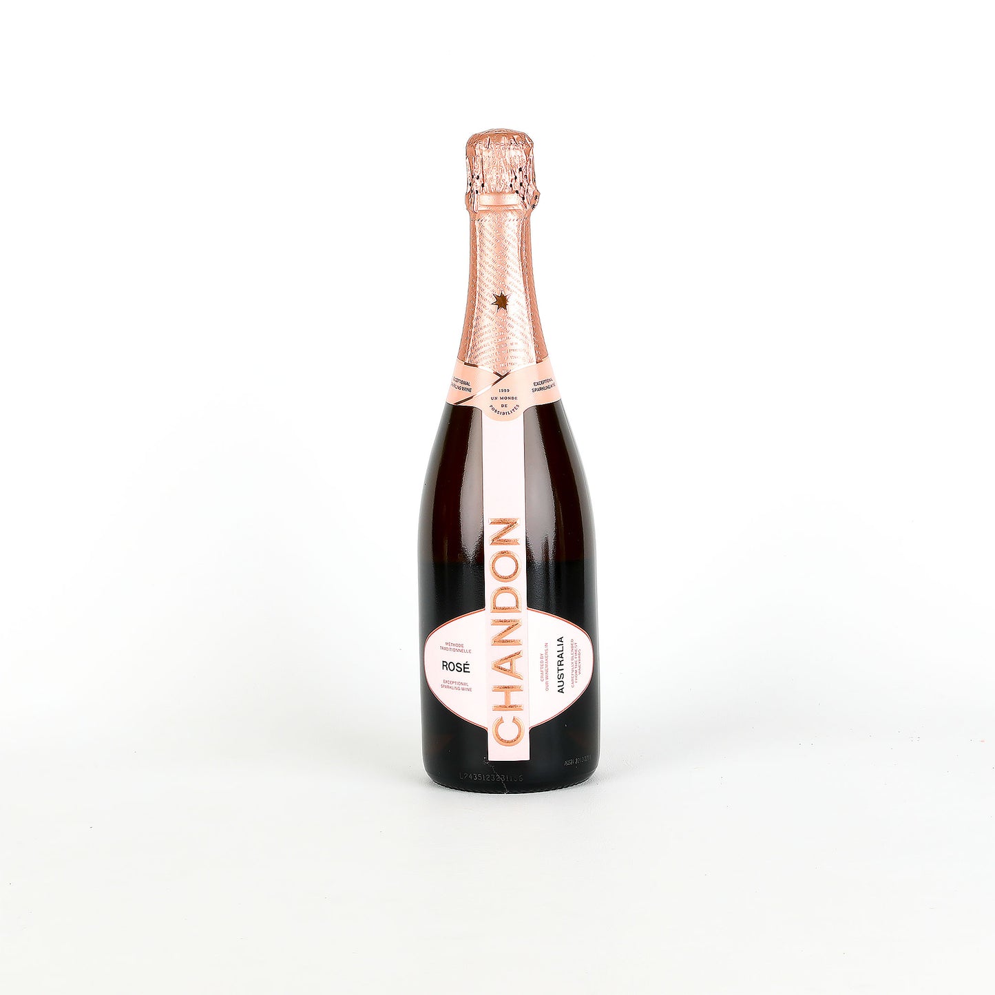 Chandon rose sparkling wine bottle on a white background