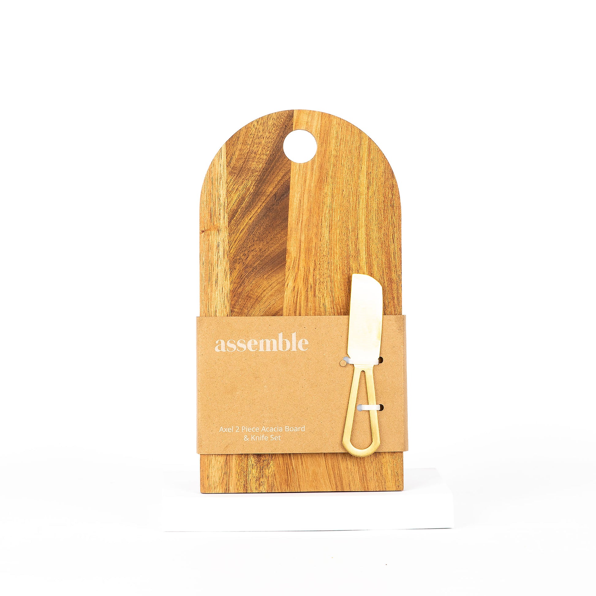 Wooden cutting board with knife on a white background