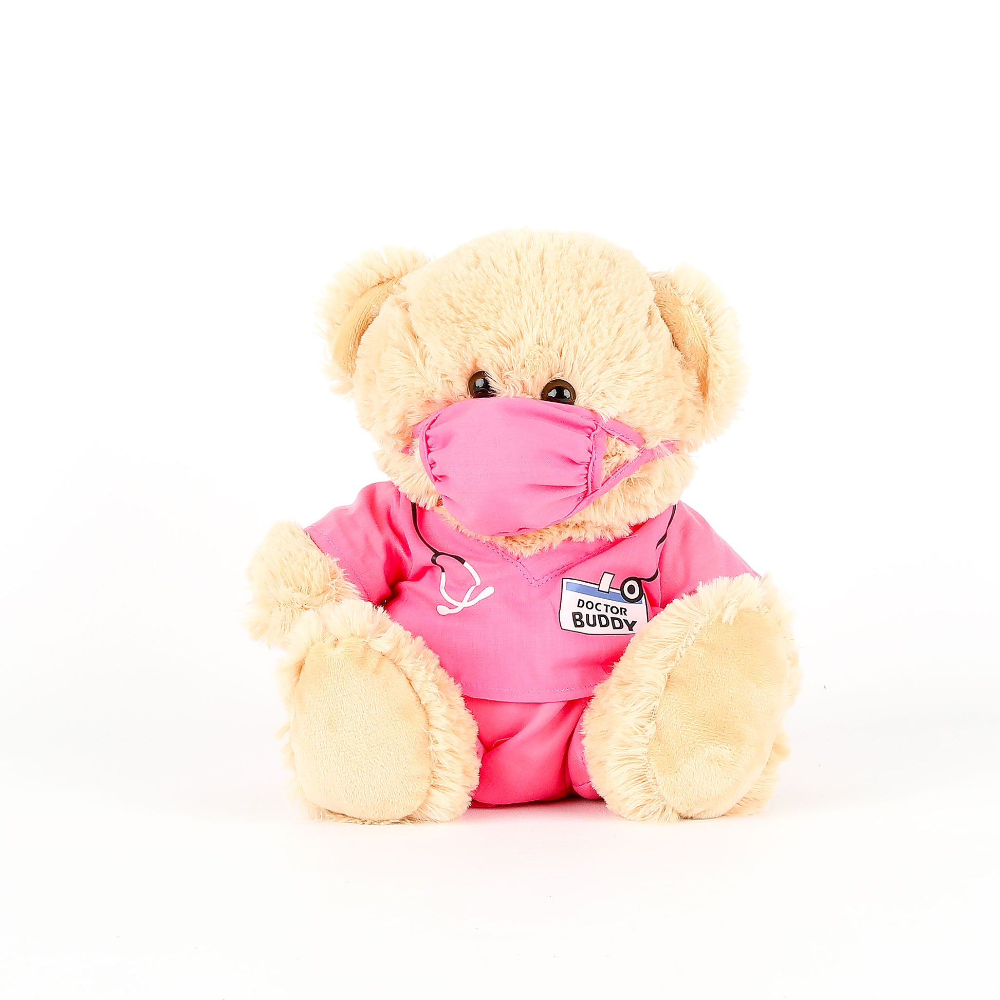 Teddy bear wearing a pink shirt and face mask on a white background