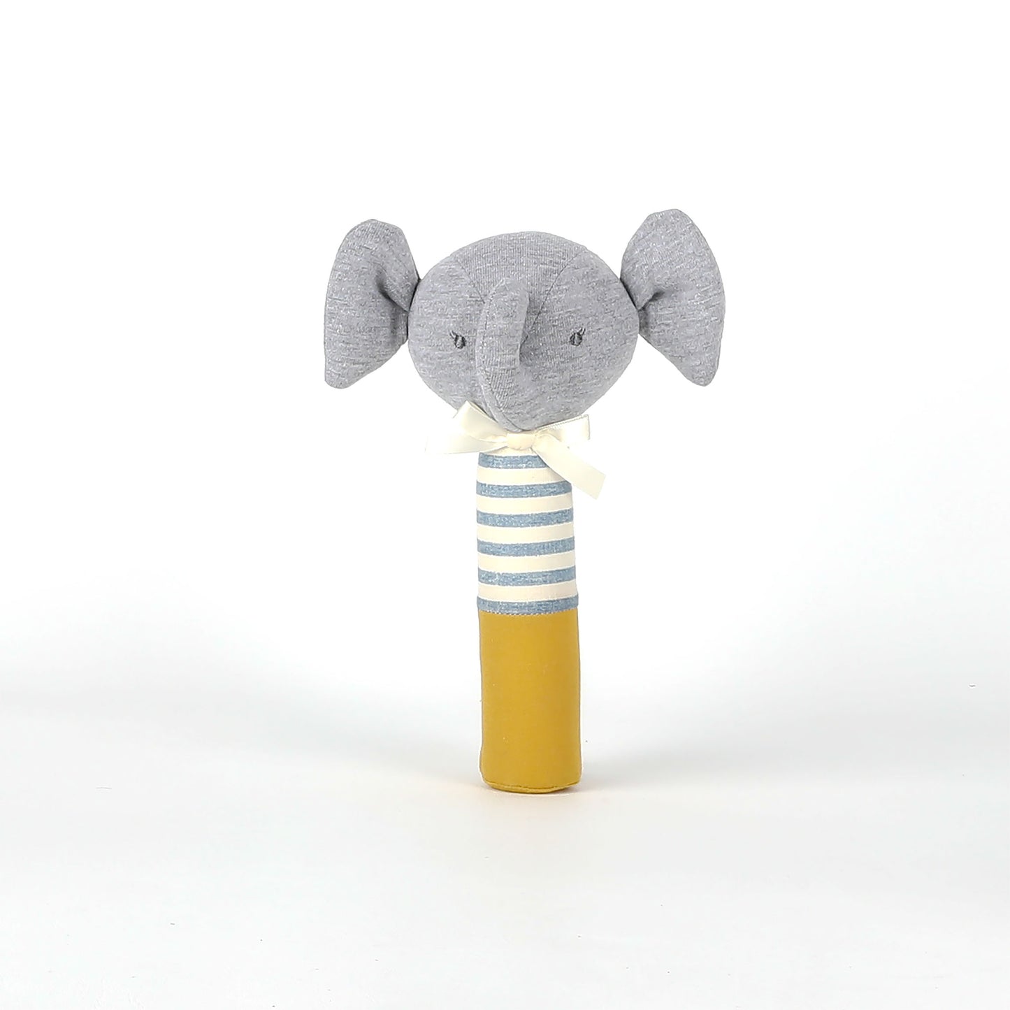 Toy elephant rattle with a striped body on a white background