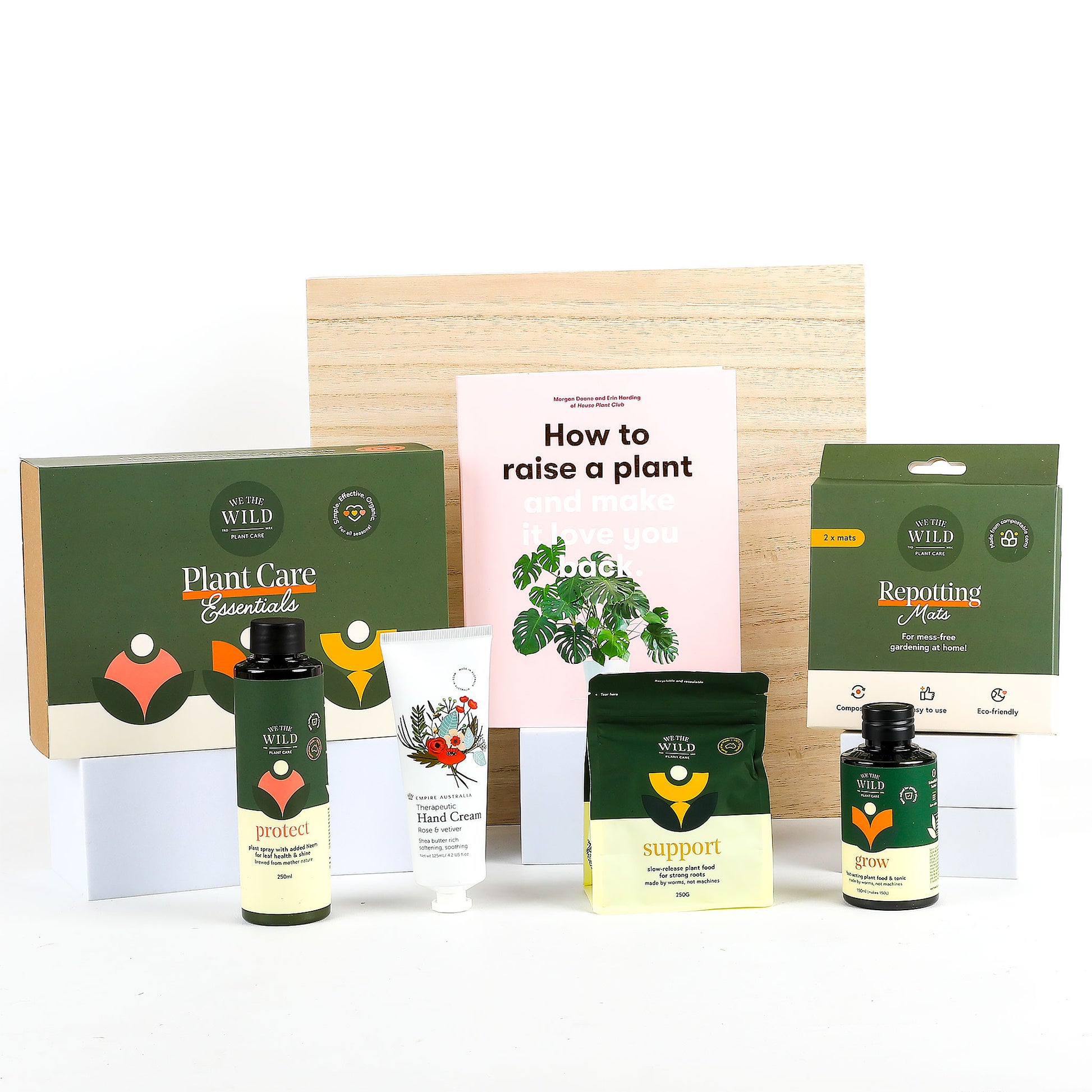 Gardening products including Grow Concentrate, Protect Spray, and Support Slow-Release Pellets displayed in front of a white background.