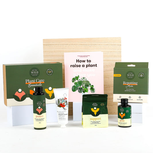 Gardening products including Grow Concentrate, Protect Spray, and Support Slow-Release Pellets displayed in front of a white background.