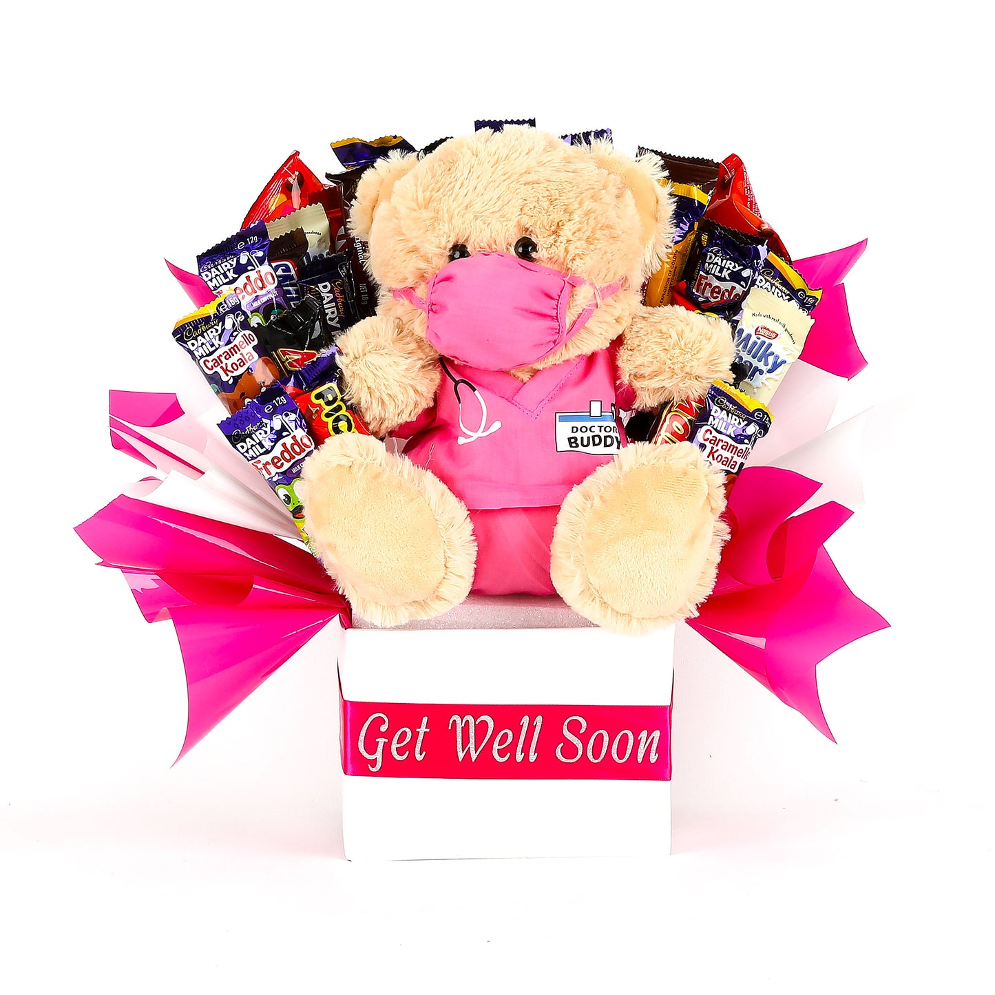 Gift basket with teddy bear, chocolates, and 'Get Well Soon' ribbon on a white background