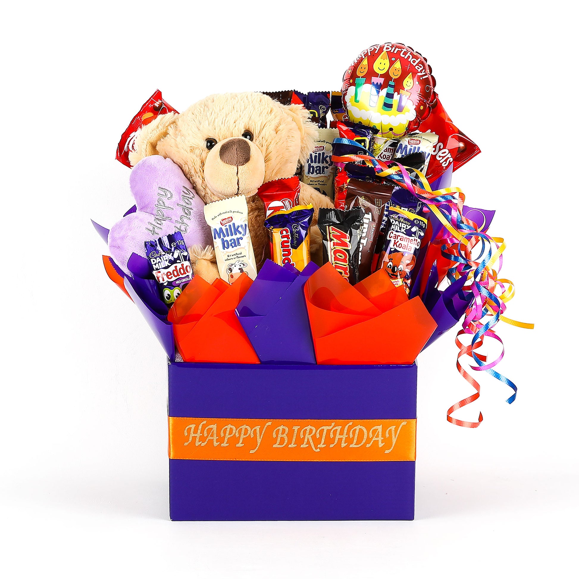 Gift basket with teddy bear, chocolates, and balloon labeled 'Happy Birthday' on a white background