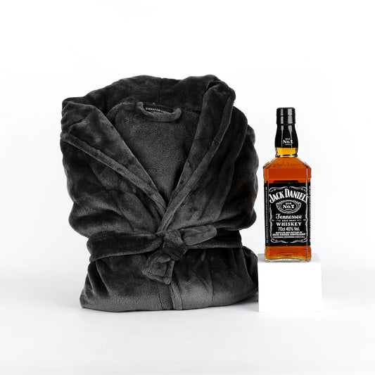 Gray robe and Jack Daniel's whiskey bottle on a white background