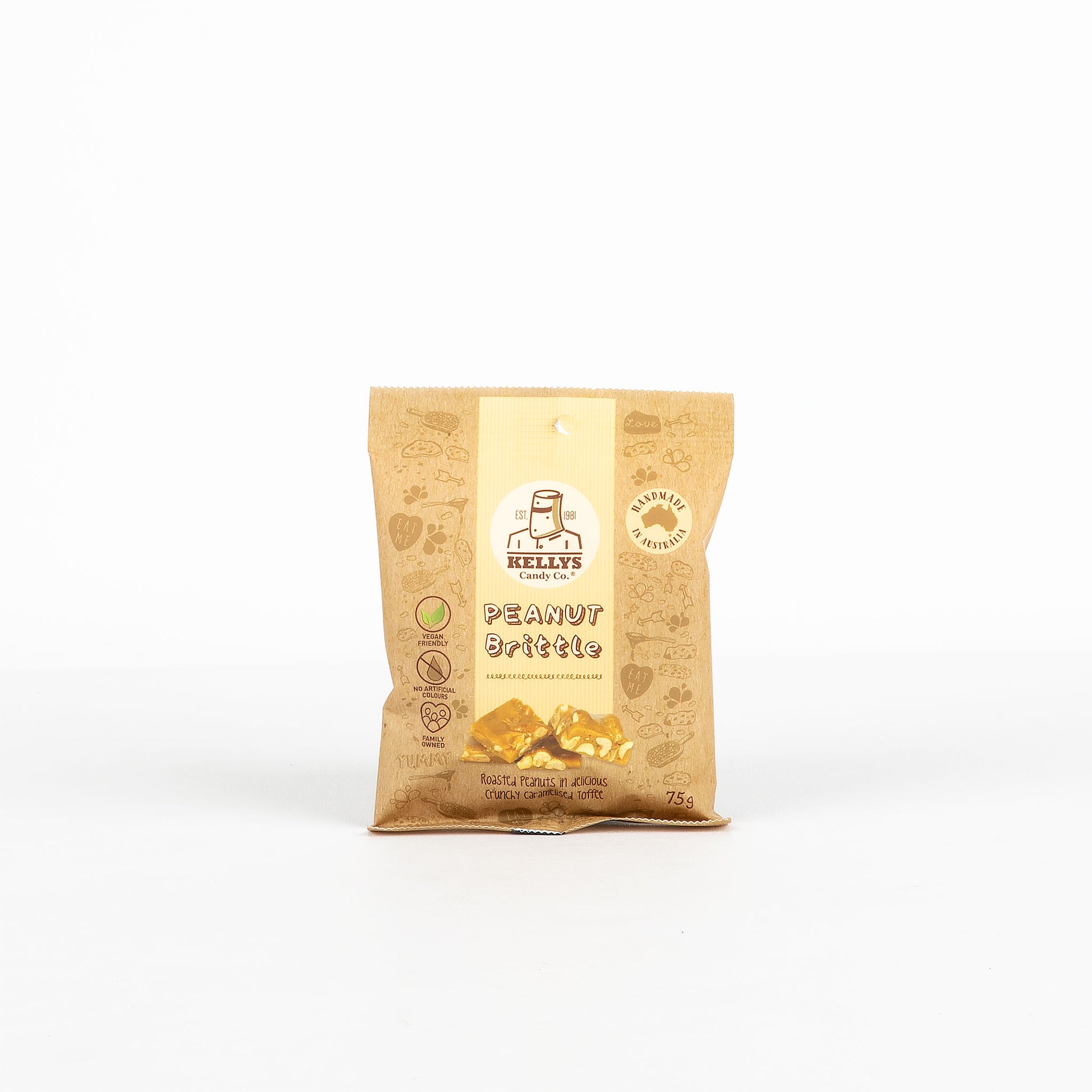 Peanut brittle package with Kelly's Candy Co branding on a white background