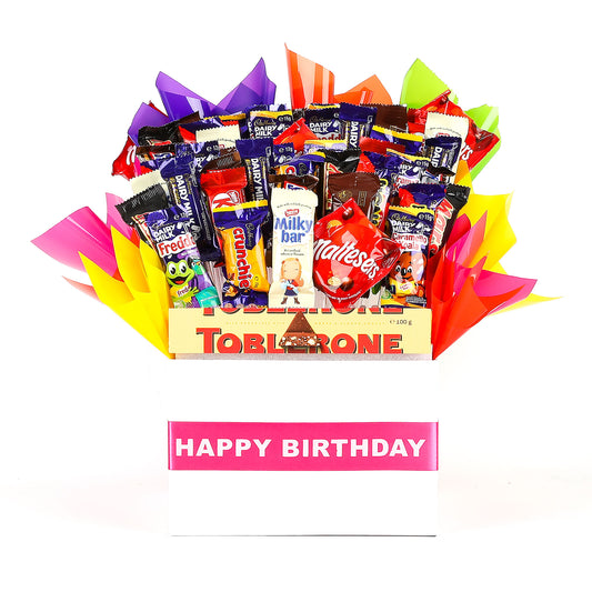 Assorted chocolate bouquet with 'Happy Birthday' ribbon on a white background