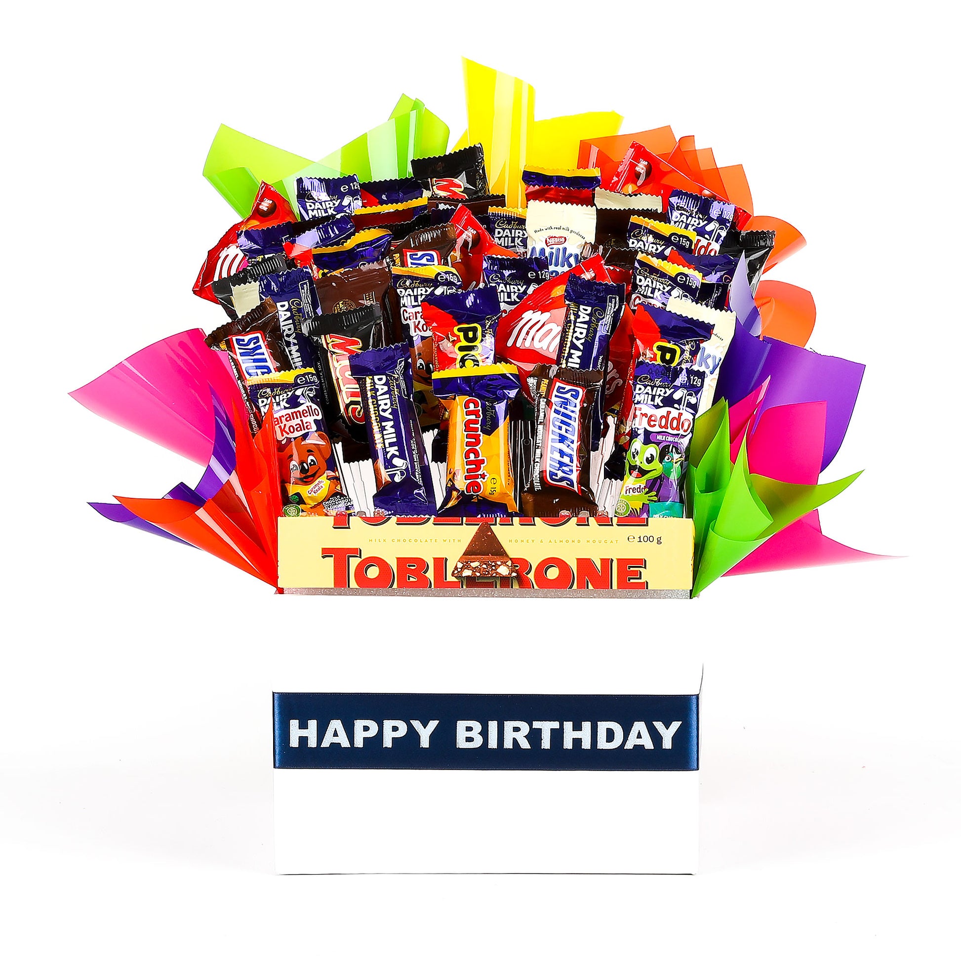 Assorted chocolates in a bouquet with 'Happy Birthday' ribbon on a white background