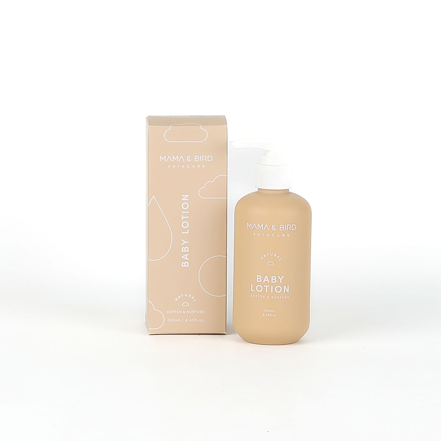 Baby lotion bottle and packaging on a white background.