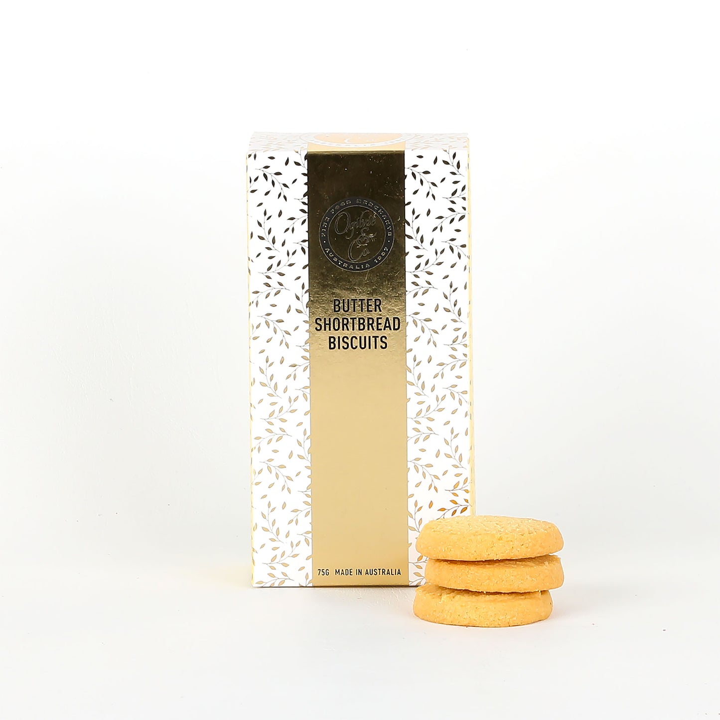 Butter shortbread biscuits in a decorative box on a white background