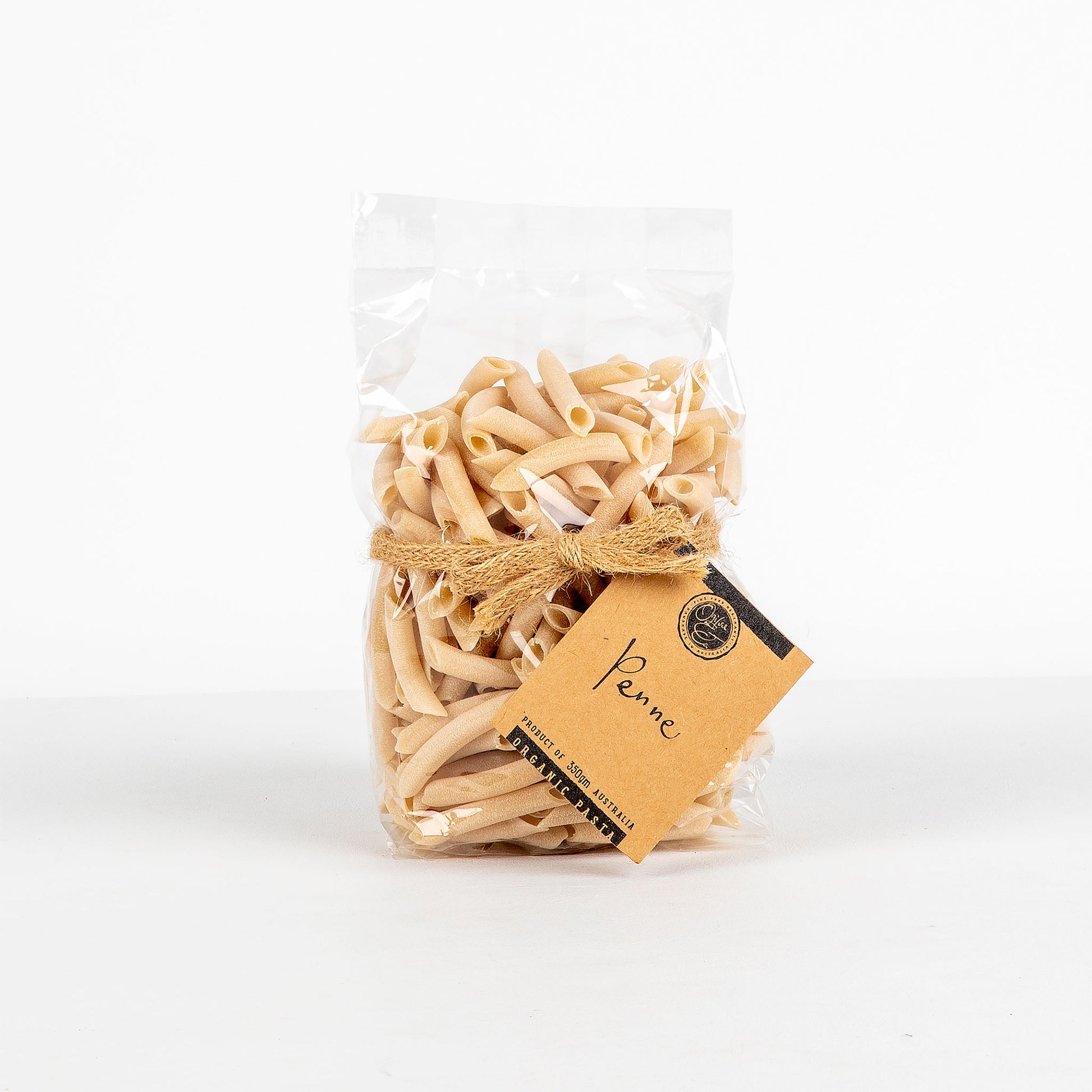 Bag of pasta with a label on a white background