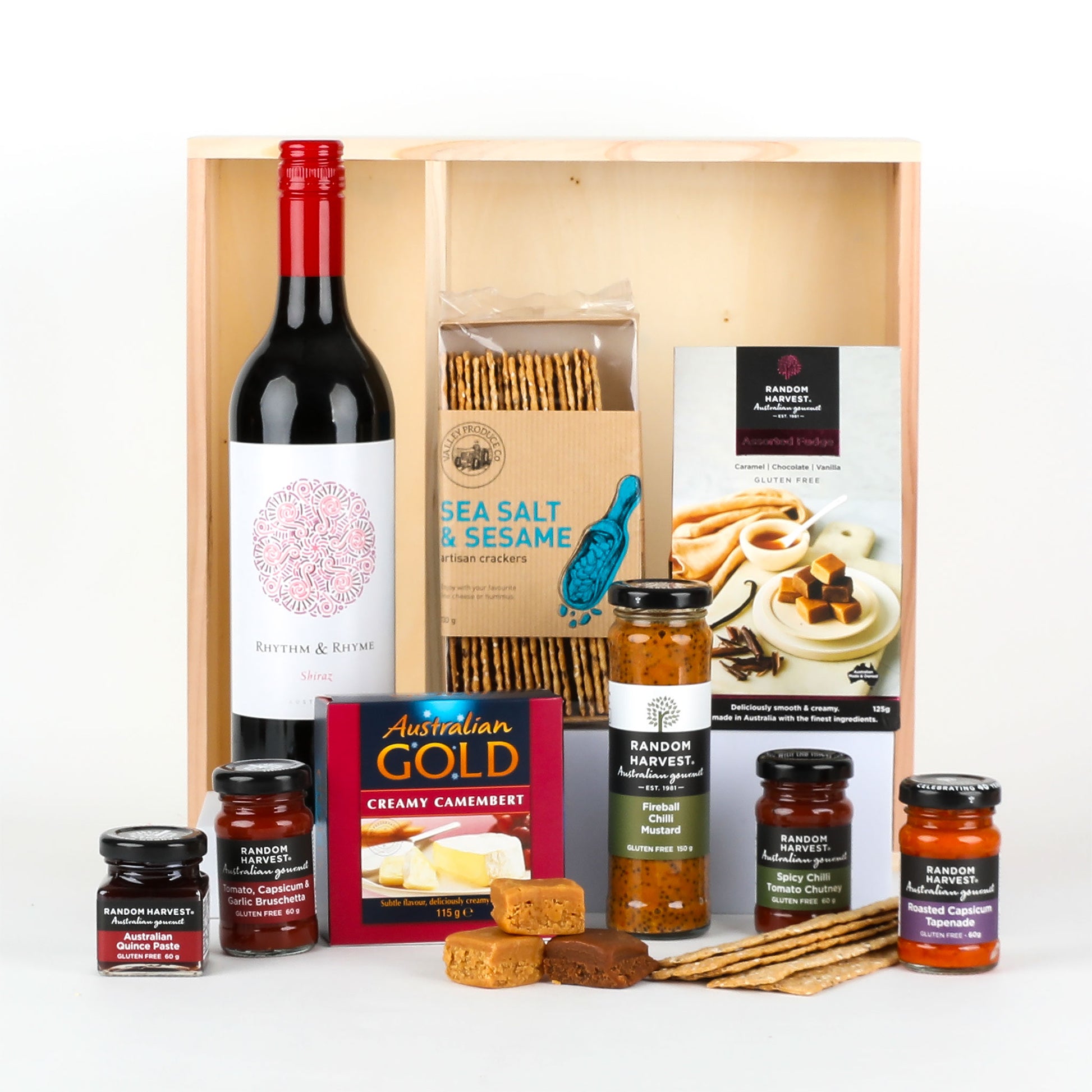 Gourmet gift set with wine, cheese, and snacks in a wooden box.