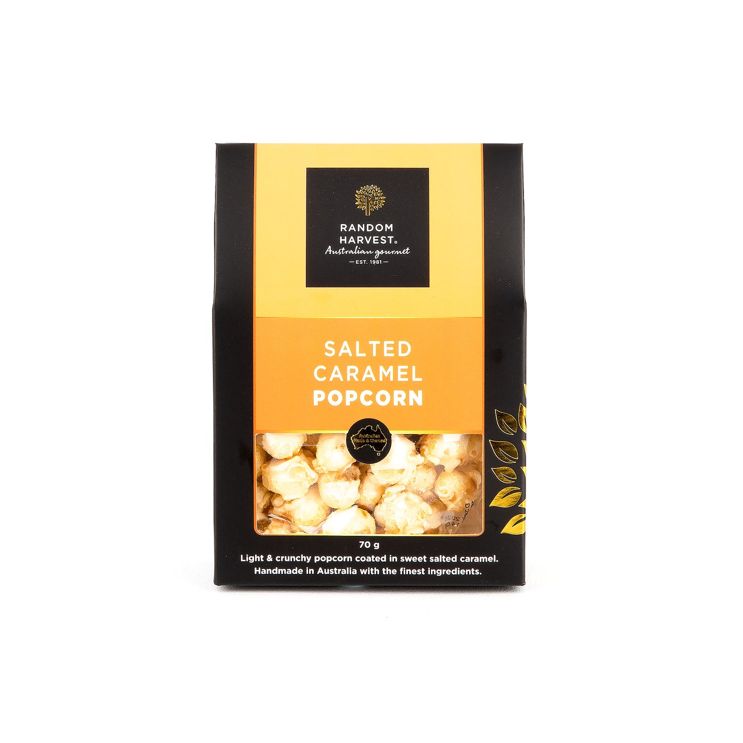 Packaged salted caramel popcorn with 'Random Harvest' branding on a white background