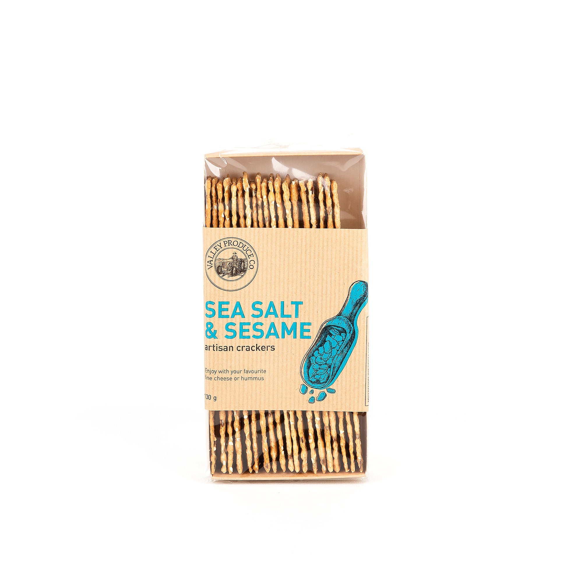 Pack of sea salt and sesame crackers on a white background