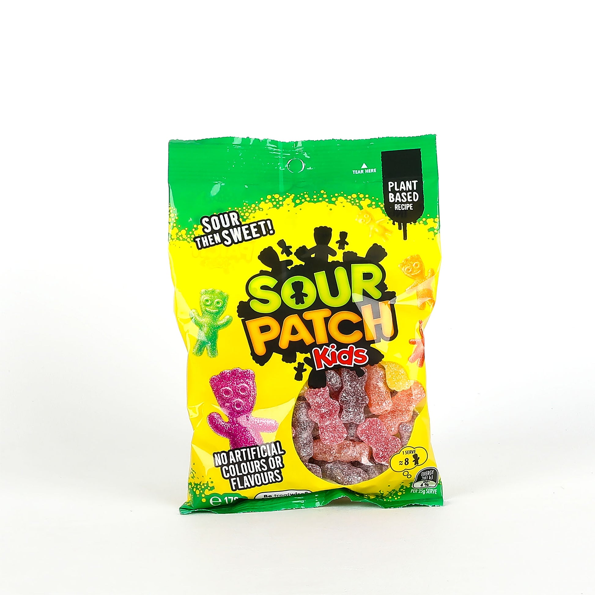 Sour Patch Kids candy bag with green and yellow design on a white background