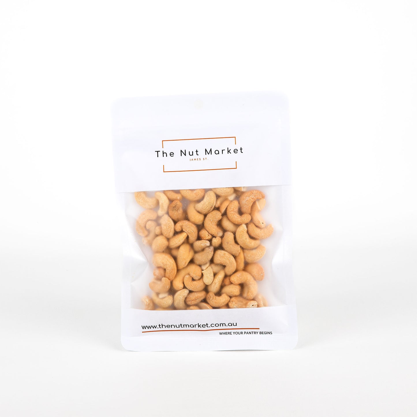 Bag of cashews from The Nut Market on a white background