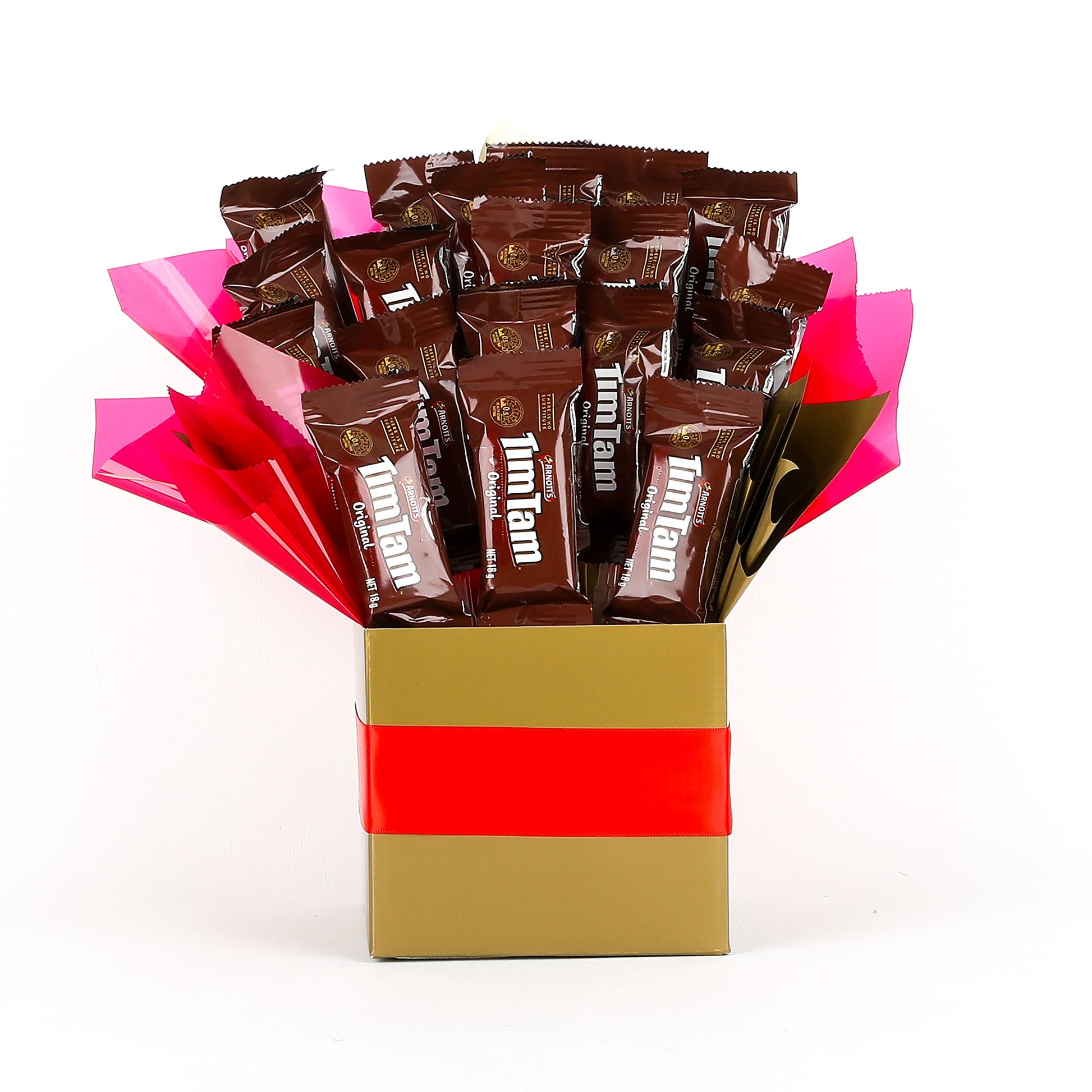 Bouquet of Tim Tam biscuits in a decorative box with pink and red accents on a white background