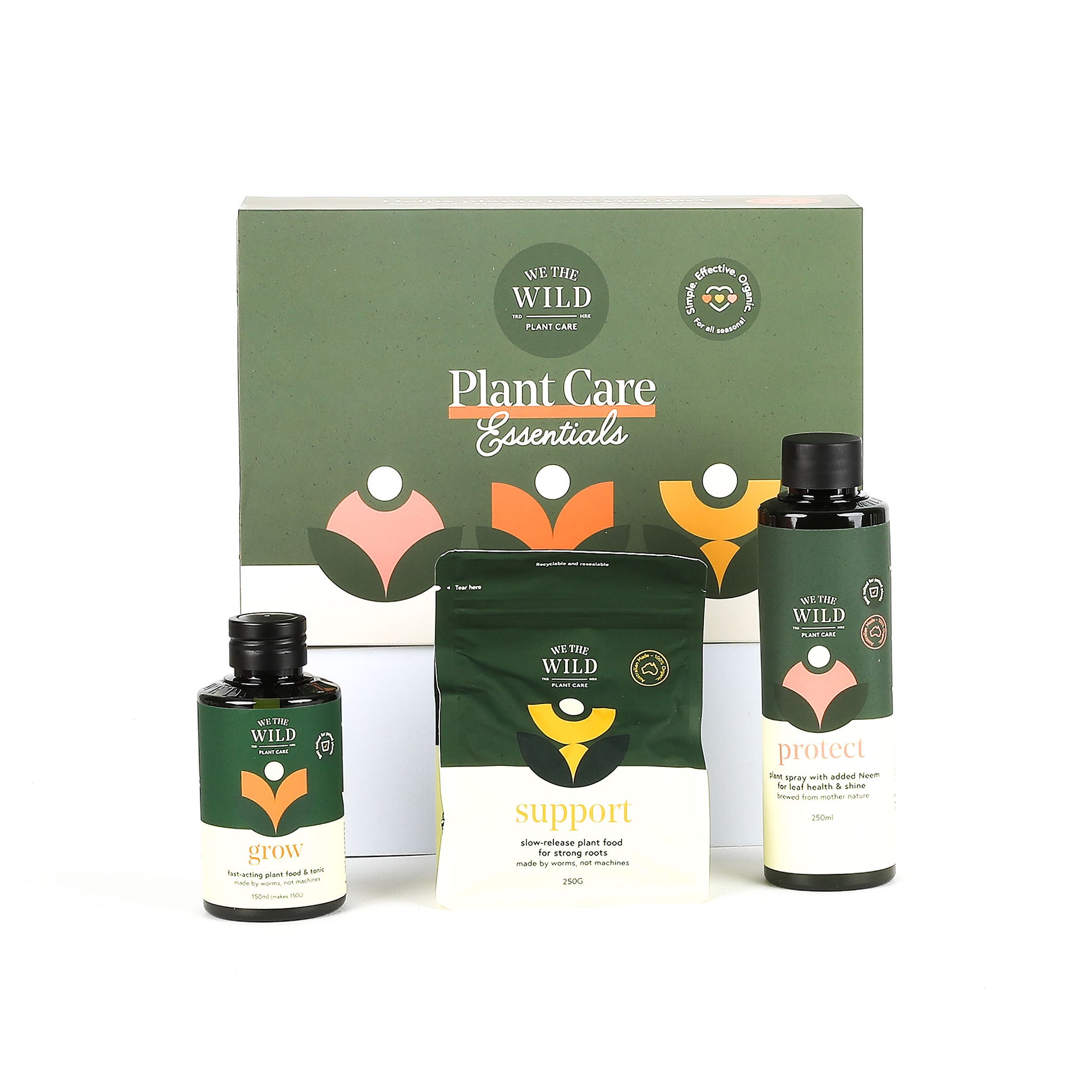 Set of plant care products with 'We Are Wild' branding on a white background