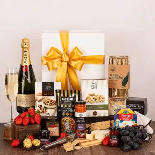 Gift Hamper with Moet and a wide variety of gourmet food products.