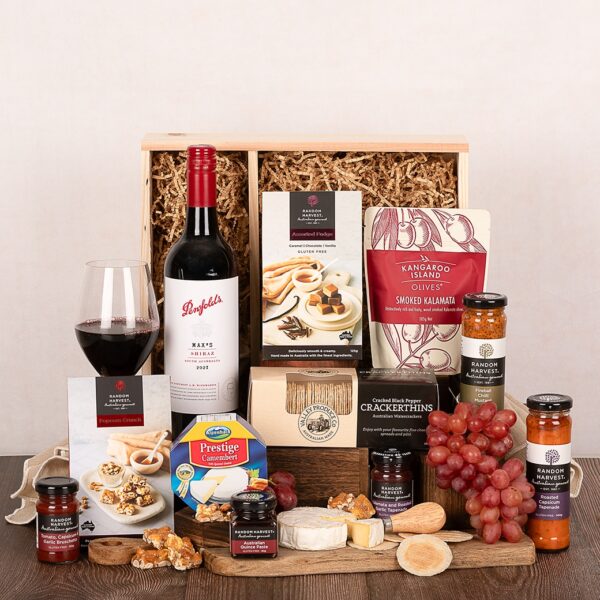 Wooden hamper including Penfolds Max's Shiraz and an assortment of sweet and savoury snacks.