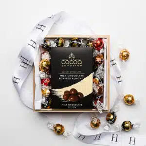 Gift hamper filled with premium chocolates.